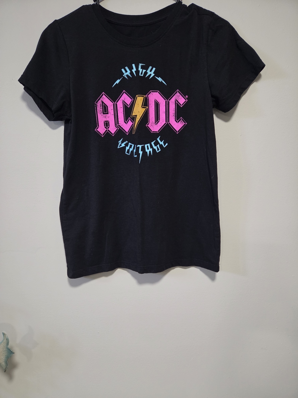 AC/DC Black Tee with Pink, Yellow & Blue Graphic